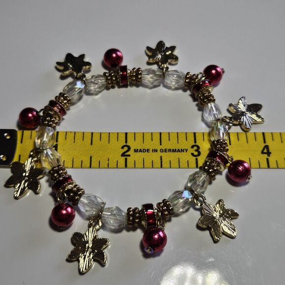 Christmas Gold Tone Red Poinsettia Red Balls Stretch Bracelet Glass Beads 7.5" - Picture 8 of 15